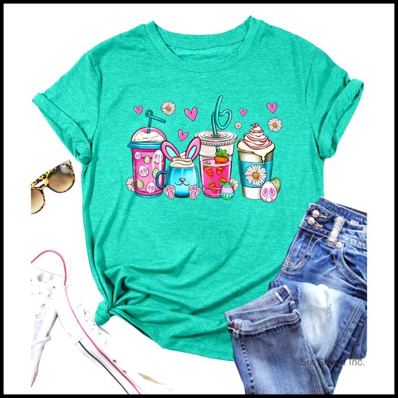 Tops - Happy Easter Bunny Rabbit Graphic T-Shirt Short Sleeve Top
